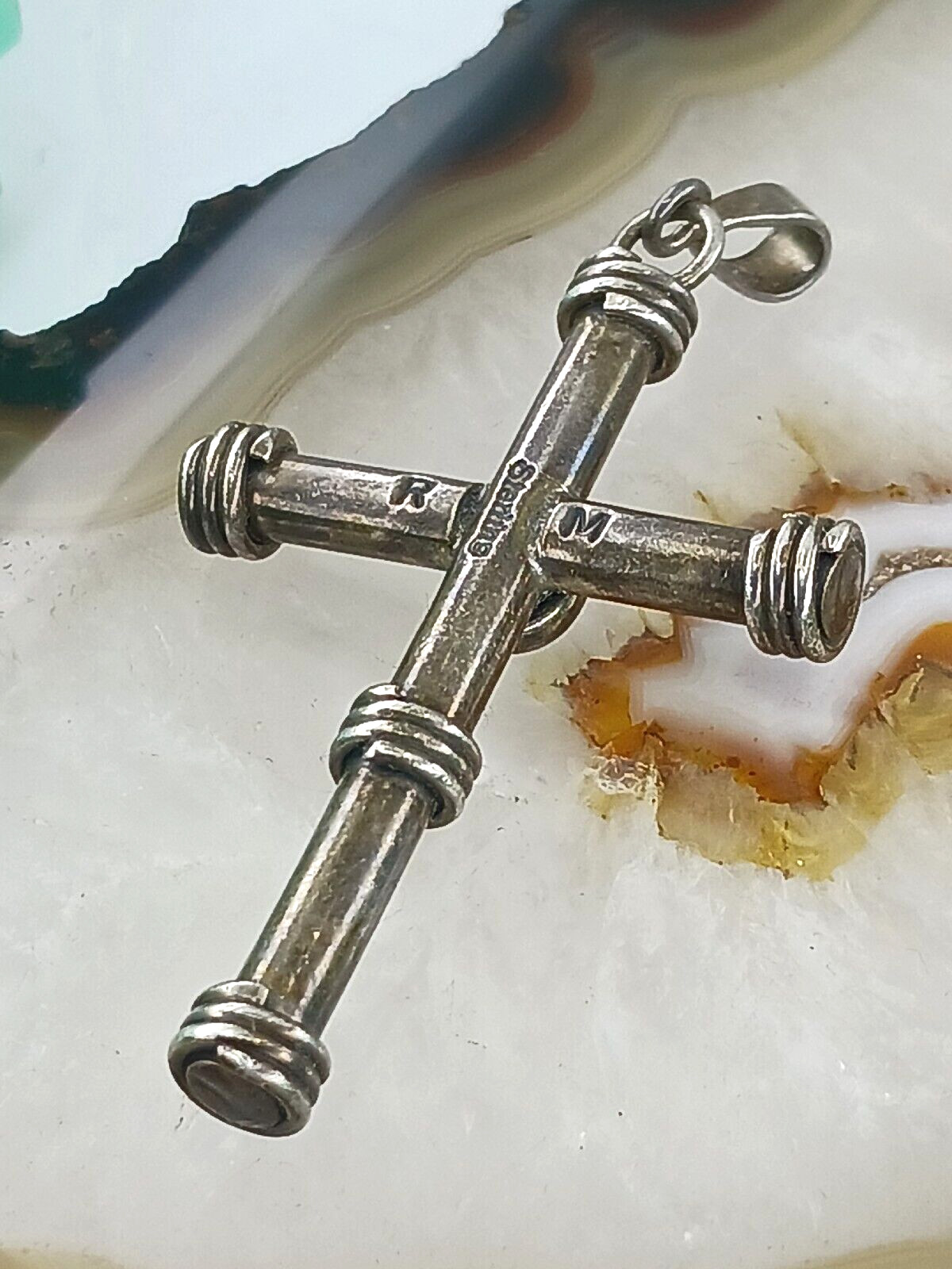 Signed RM Solid Sterling Silver Turquoise CROSS P… - image 10