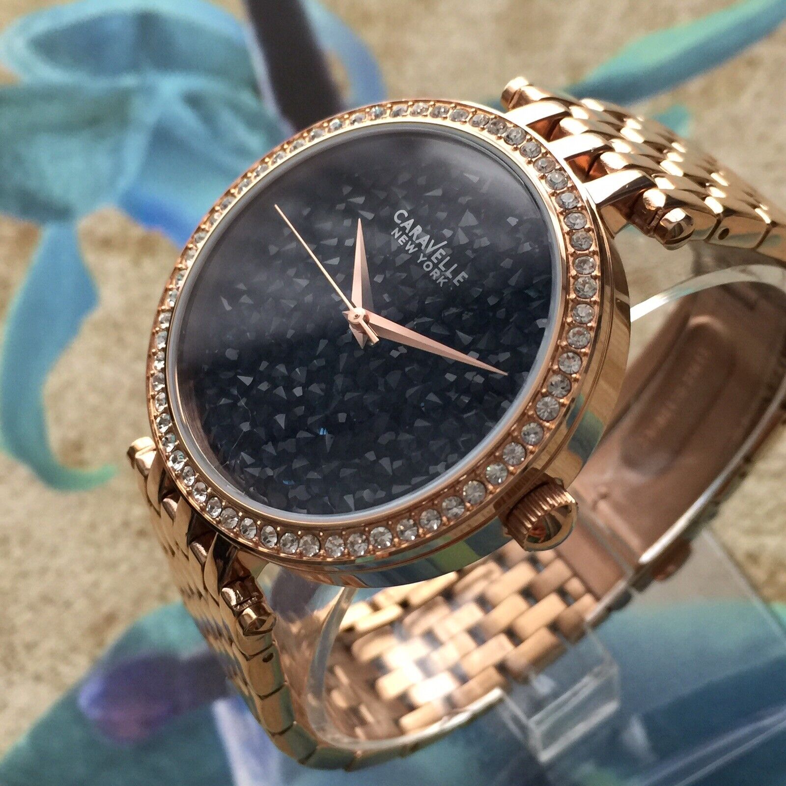 Ladies Caravelle Watch Bulova Rose Gold Steel Blue Crystals Dial