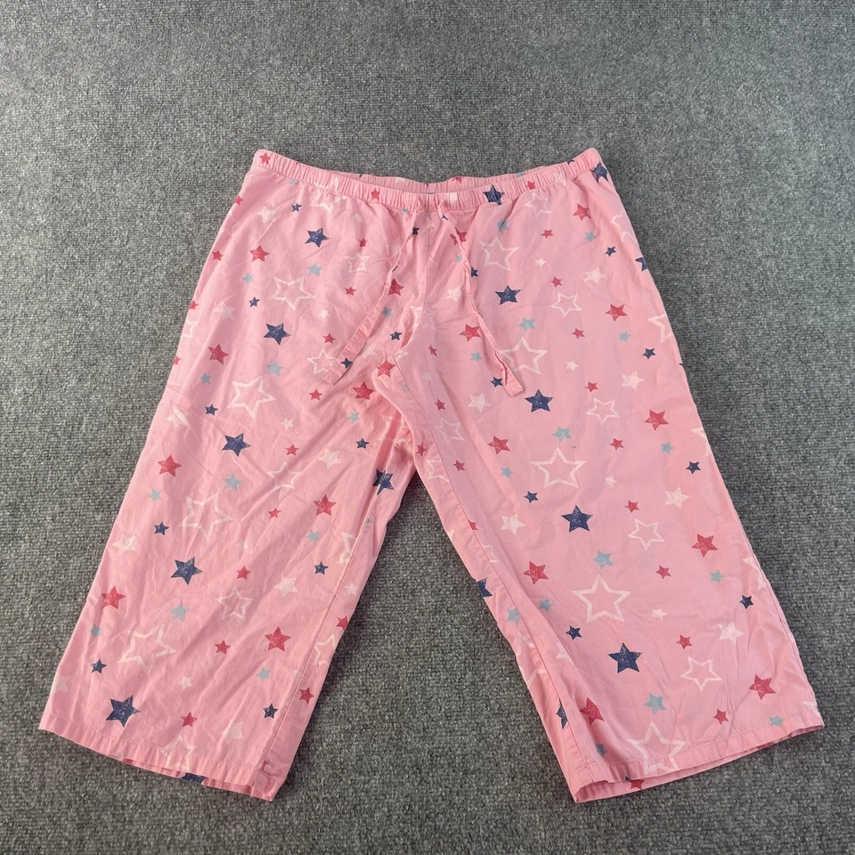 Calça pijama Nick & Nora feminina GG rosa com vermelho branco azul estrelas algodão Capri - Imagem 3 de 4