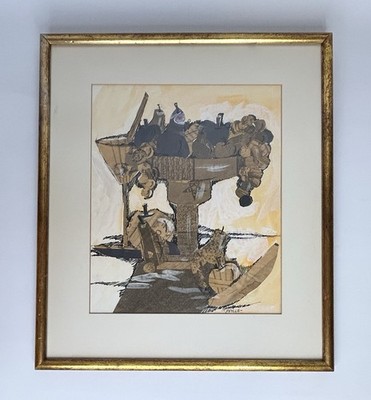MCM Abstract Mixed Media Collage Art Framed Still Life Gold Gild Frame Signed