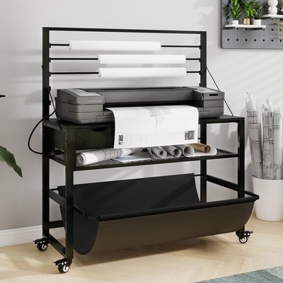 Printer Stand Wide Format Plotter Workbench Table Adjustable Black Natwind Roll