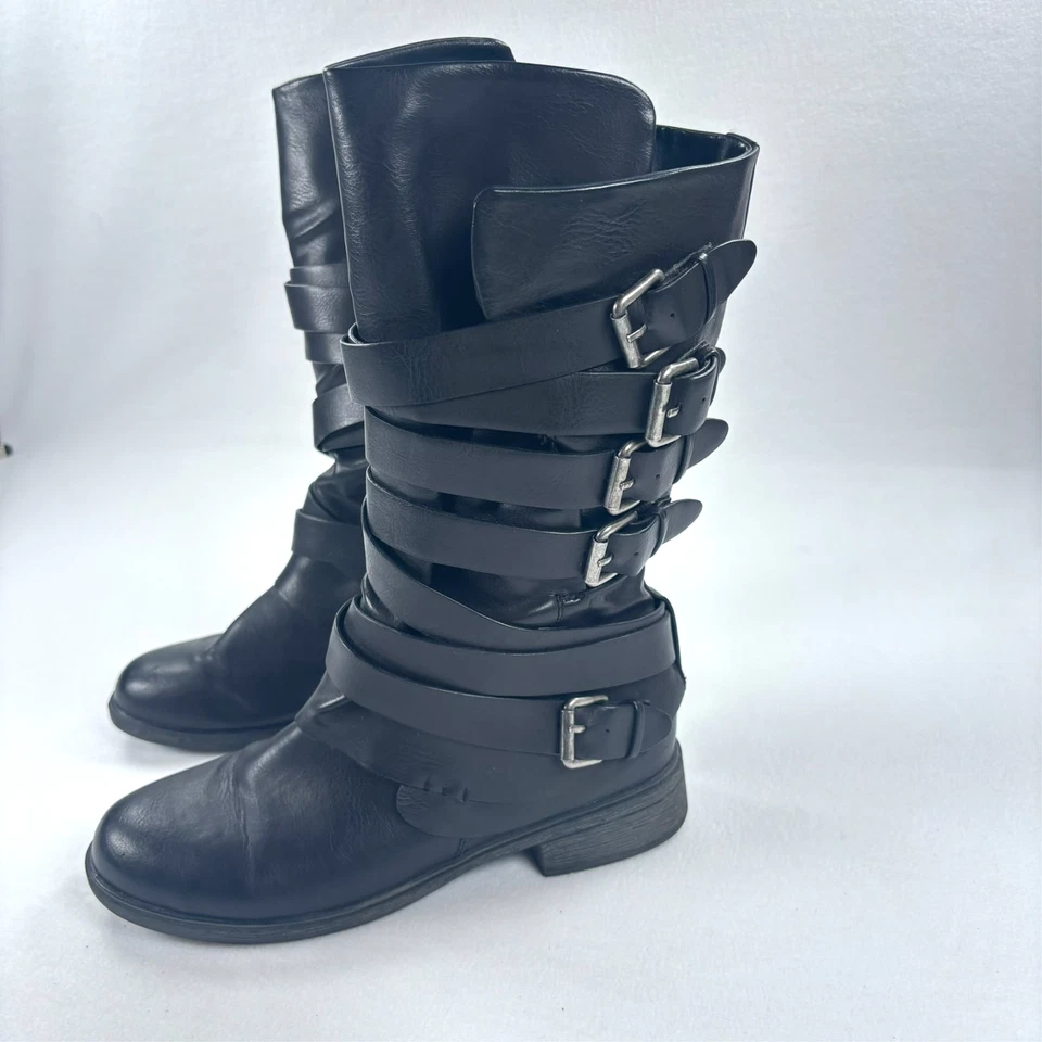 Botas de Combate Vintage Report Moto Hebilla Media Pantorrilla Mujer Negras RARAS Talla 8 Foto 3 de 4