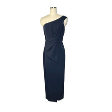 Eliza J Navy Blue Scuba Jersey Wrap Bow Front One Shoulder Gown | 6