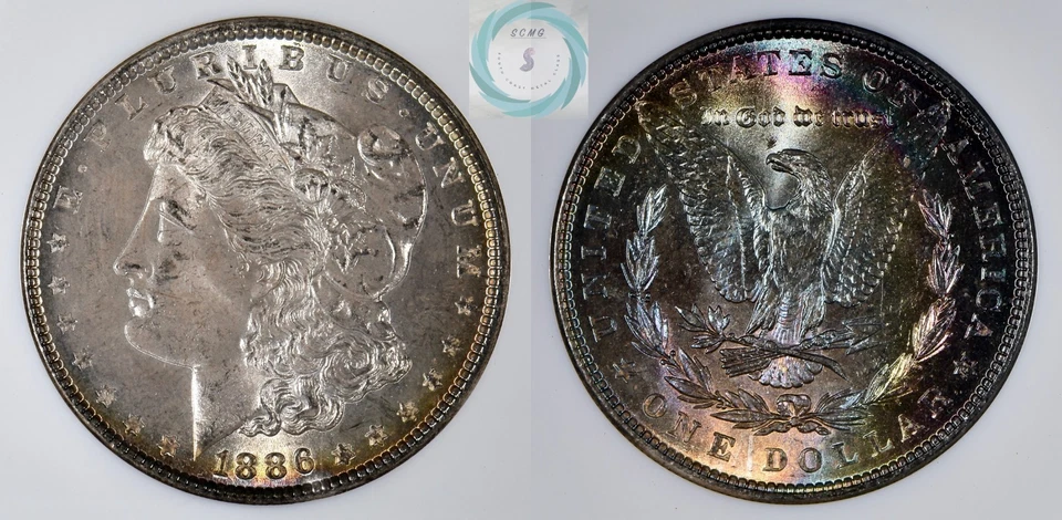 Dólar Morgan 1886 NGC MS 66 con CAC - tonos arco iris (ver video)