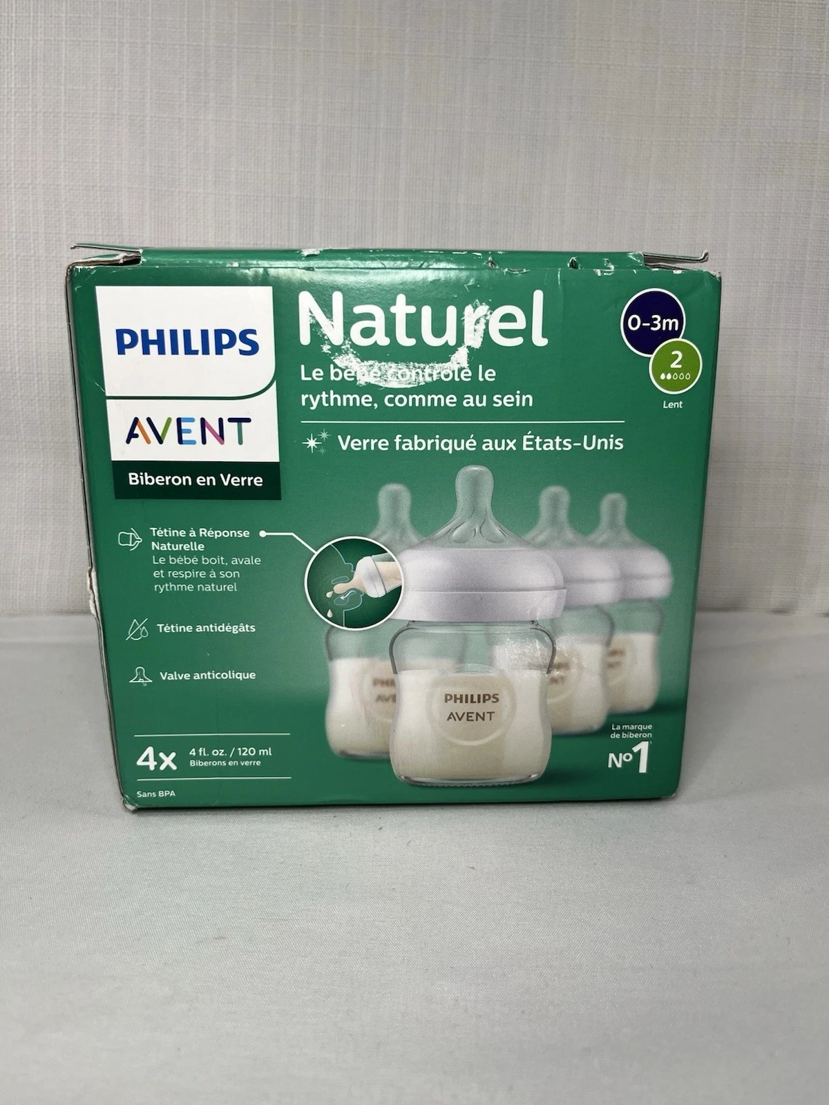 Philips Avent Natural Glass Baby Bottle Response Newborn - 4oz (4 PACK), New
