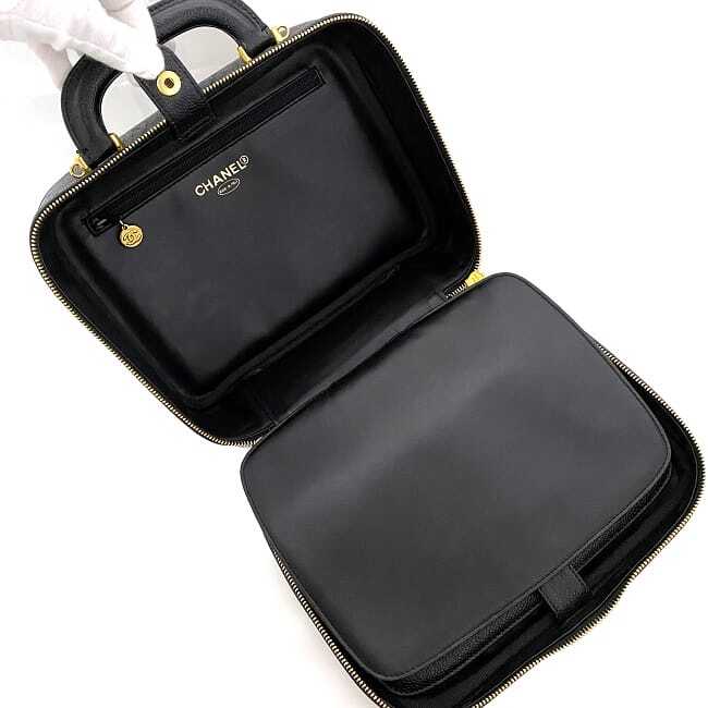 CHANEL Handbag Vanity Bag Black Gold Coco Mark A07061 Top Handle Rare Leather image 6