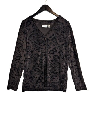 Blouse Chico's Travelers XL - Mousseline, Noir/rouge, Imprimé Floral, Burnout Velvet, Bohème