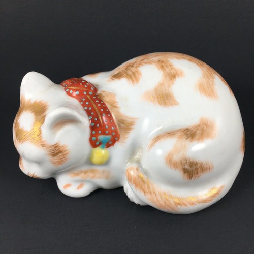 Antique Kutani Sleeping Cat Hand Painted Porcelain Moriage Japan SOLD