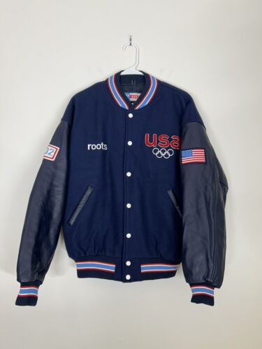 Roots 2002 USA Olympic Team Varsity Bomber Jacket Men L  Wool Blend Leather Navy - Afbeelding 1 van 14