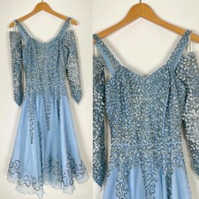 Vtg 50s Blue Sparkly 1950s SEQUIN PARTY DRESS Girl's Wedding Formal Full Skirt