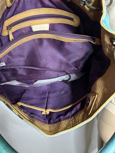 Borsa a mano Anuschka in pelle dipinta a mano - Nuova con etichette - Viola e fiori d'acqua - Foto 19 di 19