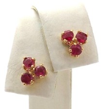 Solid 14k Gold Natural Ruby Trefoil Stud Earrings July Birthstone Triplets New