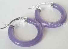 Fashion Natural 30mm Purple Jade 925 Silver Hoop Ring Dangle Pierced Earrings
