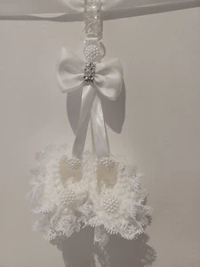 **new** Pram charms white  girl booties Baby pram charms hand knitted diamontis 