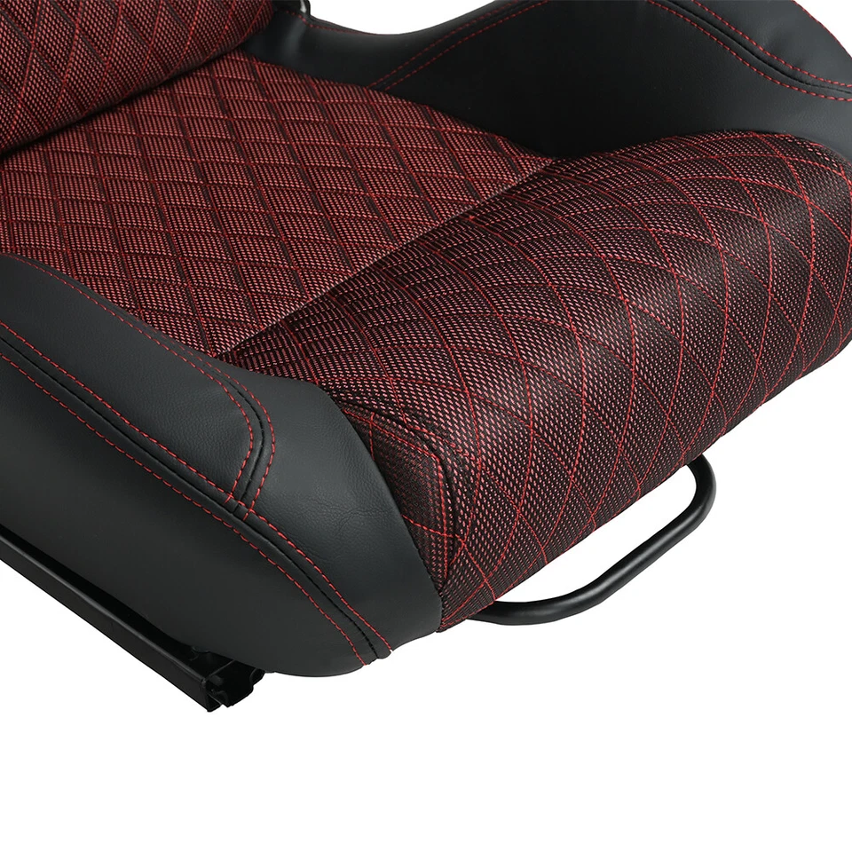 2PCS Set Car Racing Seats Black + Red Fabric Reclinable Bucket Seats W/2 Sliders Foto 3 de 4