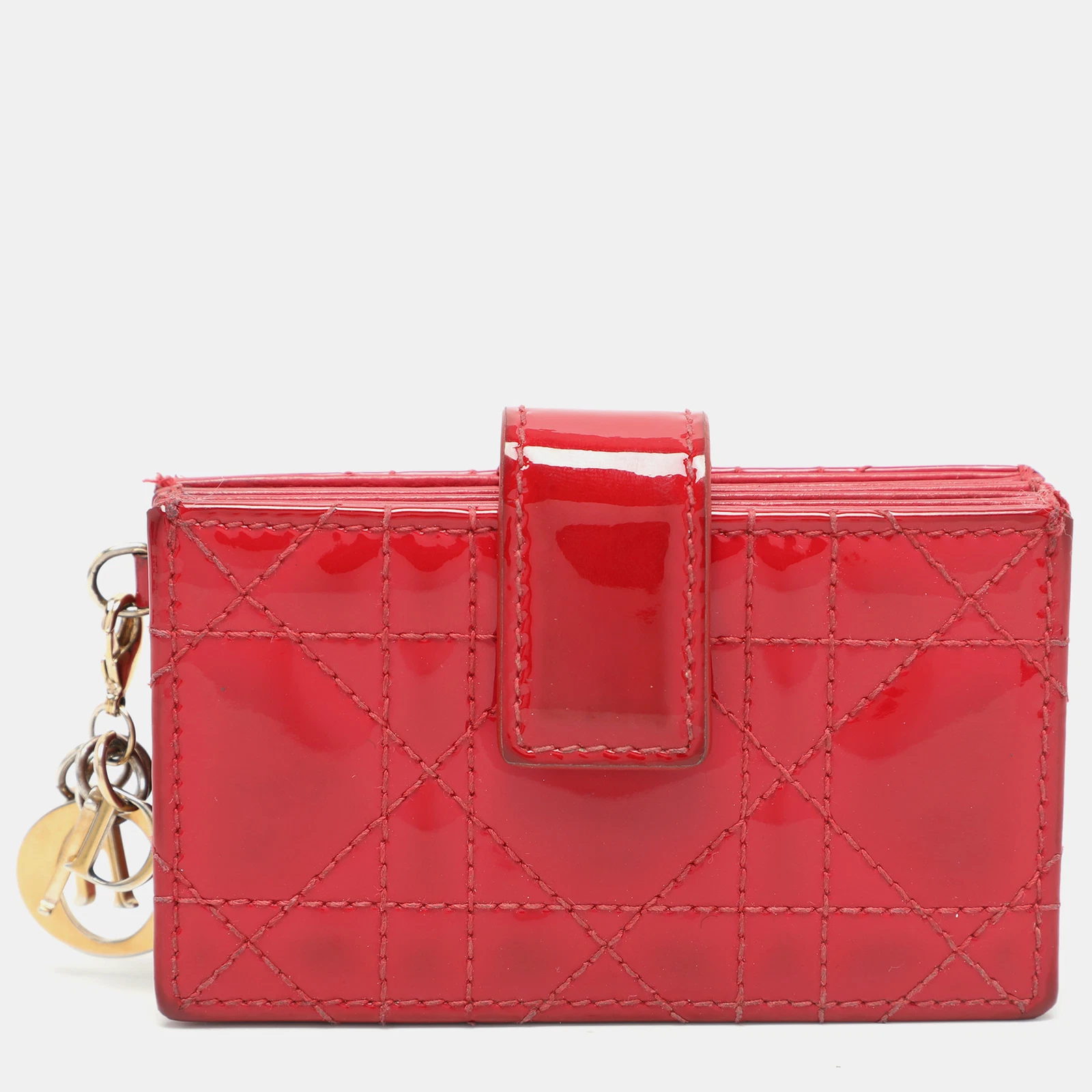 Étui à cartes à soufflet Dior rouge cannage cuir verni Lady Dior