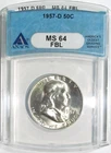 1957-D FRANKLIN Silver Half Dollar ANACS MS 64 FBL