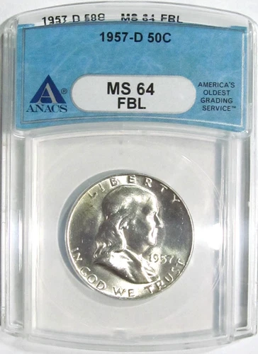 1957-D FRANKLIN Silver Half Dollar ANACS MS 64 FBL