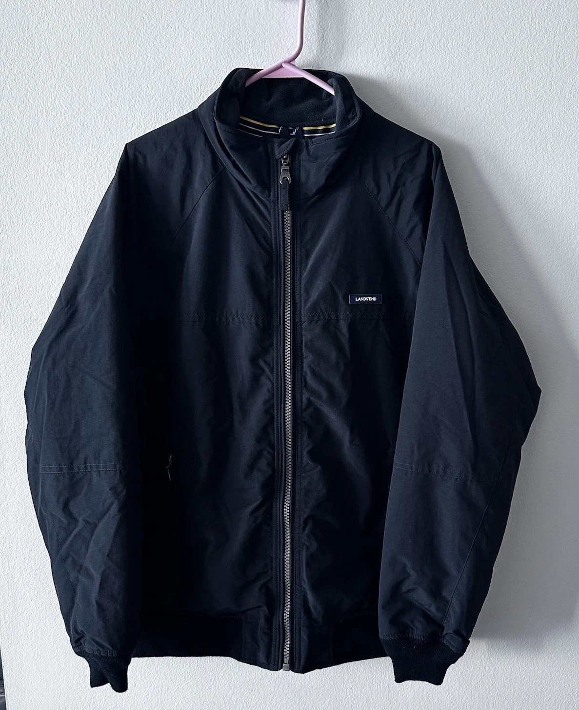 Lands End Bomber Jacket Full Zip Fleece Lined Nylon Black Large 42-44
