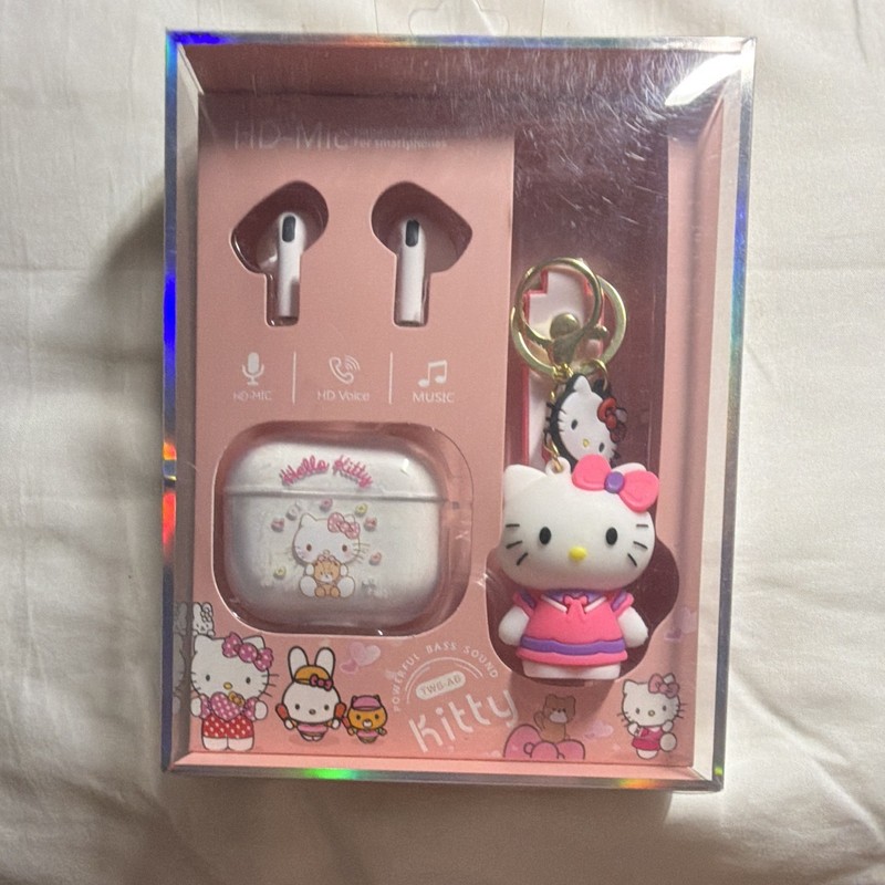 Hello Kitty TWS-A6 Pink/White Bluetooth Earbuds Mic IPX4 Keychain