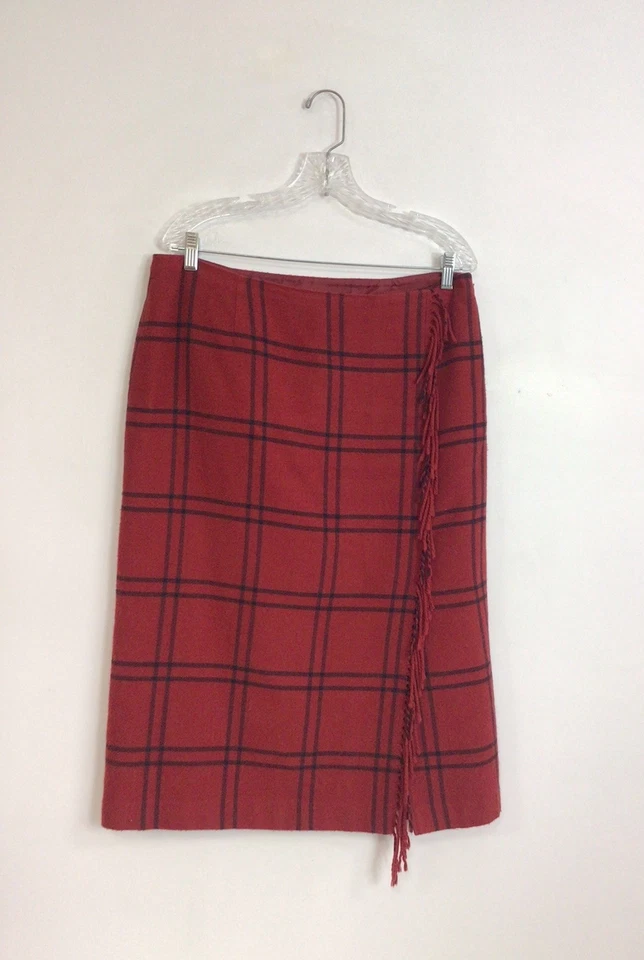 Saia midi de lã xadrez vermelha detalhe de franja feminina 12 - Imagem 3 de 4