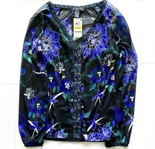INC International Concepts Macys Black & Purple Floral Top M NWT