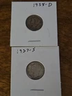 Mercury Dime 1937-S 1938-D Silver 10C Circulated US Coin Lot in great condition.