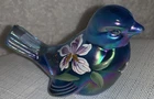 Fenton Blue Iridescent Carnival Glass Bird 4.25" Hand Painted Figurine-Signed
