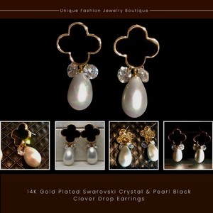 Authentic 14k Gold Plated made w Swarovski Crystal FWP Pearl Clover Drop Earrings Gift