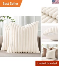 Faux Fur Plush Throw Pillow Covers 18x18 Set of 2, Luxury Soft Fluffy Striped...
