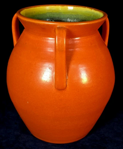 Hand Thrown Stangl Pottery 7" Vase w 3 Handles & U Orange Glaze 1930s Unmarked