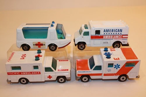 Four (4) Vintage 1980's Hot Wheels / Matchbox Ambulance Paramedics Trucks