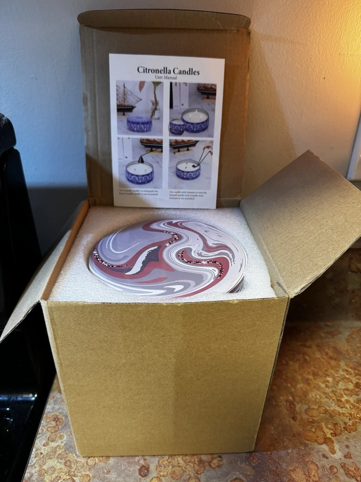 NEW 3 Pcs Citronella Soy Wax Candles in Tin with Cover Pink Swirl Design Print - Image 2 of 4