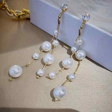 Elegant Long Tassel Pearl Drop Earrings Stud Jewelry Women Faux Pearl