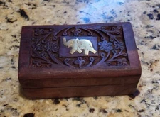 Vintage ASSAM TEA  Hand Carved Trinket Box Brass Elephant and Carved Floral 
