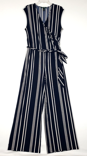 Lauren Ralph Lauren Jumpsuit ärmellos XL marine weiß gestreift weites Bein Gürtel