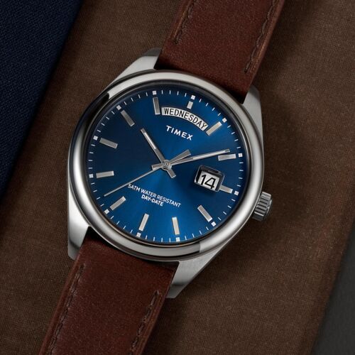 Timex Legacy Day/Date Stainless Steel Leather 41mm Silver Blue Watch TW2W57200 - Picture 3 of 6
