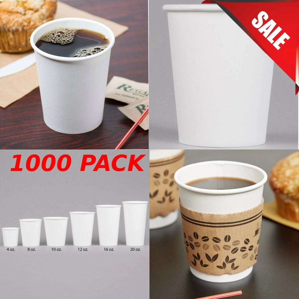 1000-Pack) 8 oz. White Plain Paper Disposable Hot Beverage Coffee Cups Bulk