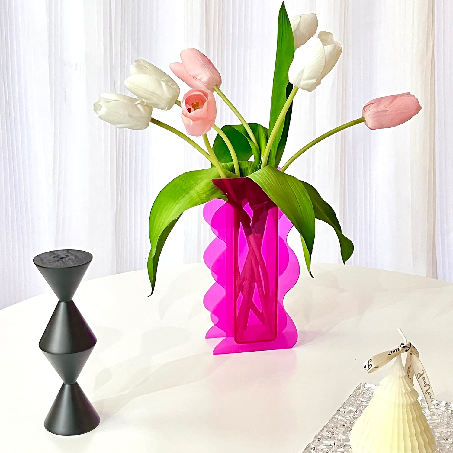 BLOFLO Hot Pink Acrylic Vase, 8Inch Wave Shaped Acrylic Vases for