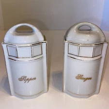 Vintage White Porcelain Spice Jar Canister Lid Germany Pepper Ginger White Gold