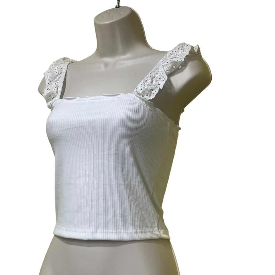 Good Luck Gem Eyelet Trim Tank Top In Off White, XS eBay
