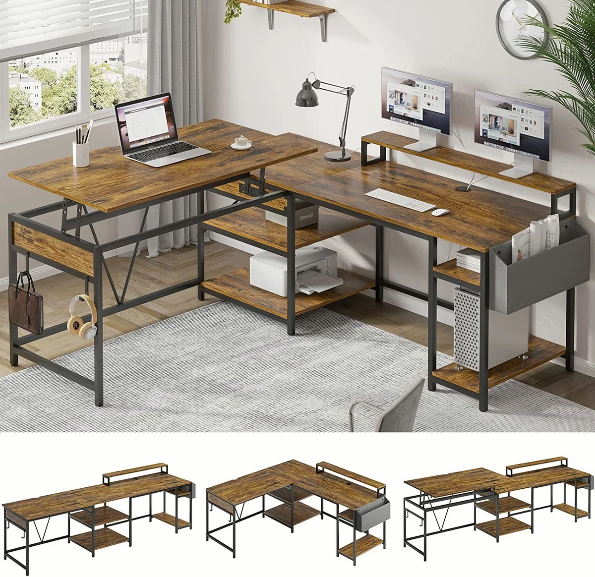 Industrial L-Shaped Desk with Storage Shelves, Corner Computer