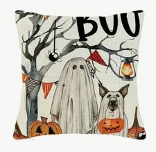 Ghost Dog Pumpkin Spooky Fun Halloween Linen Throw Pillow Cover Home Decor 18”