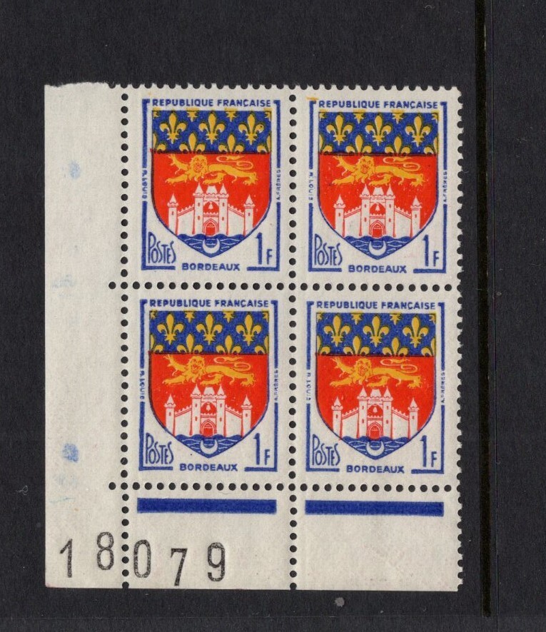 France 1958 - 1959 1fr Arms of Bordeaux Corner Block MNH SC 899 | eBay