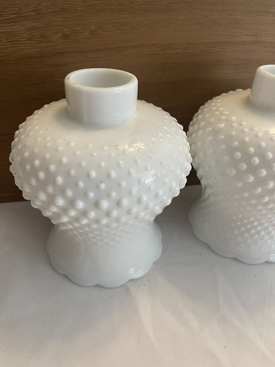 Pair White Milk Glass Hobnail Hurricane Oil Lamp Chimney