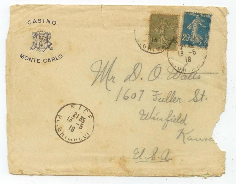 1918 WWI Monte Carlo Casino Nice France -Raymond Roland Watts Belle Plain Kansas