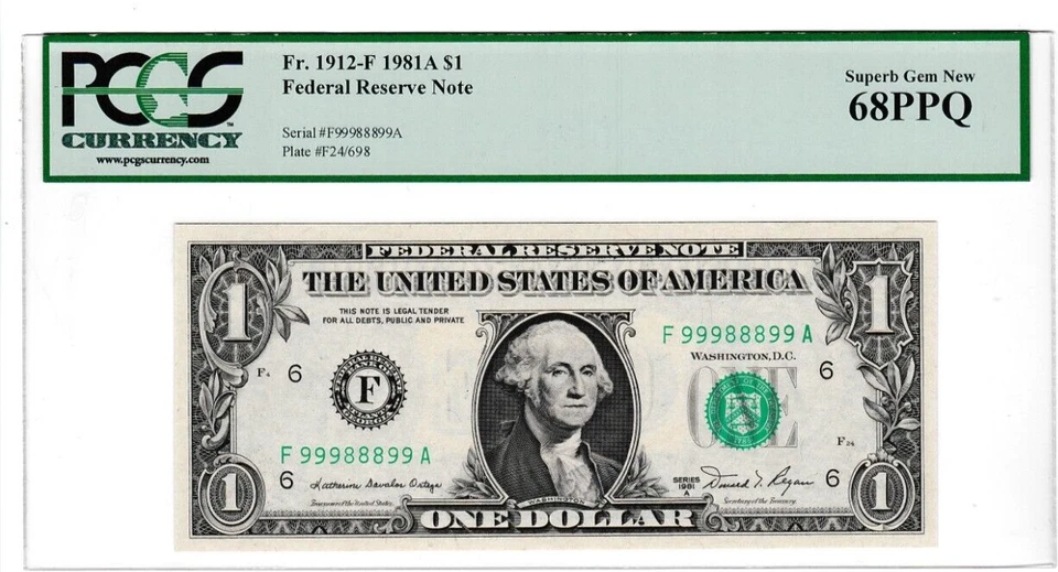 1981 A  $1  Federal Reserve note BINARY FLIPPER  Serial 99988899 PCGS 68 - Image 2 of 3