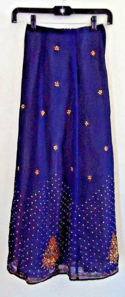 Wedding Party Indian Pakistani 3 P Set Skirt Blouse Scarf Beaded Blue Gold Small - Image 2 of 4