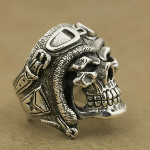 Huge Heavy 925 Sterling Silver Pilot Skull Helmet Ring Punk Jewellery TA65C - Picture 4 of 23