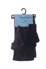 Womens 3 Piece Warm Winter Set Black Silver Hat Gloves Scarf One Size S M Lg NEW